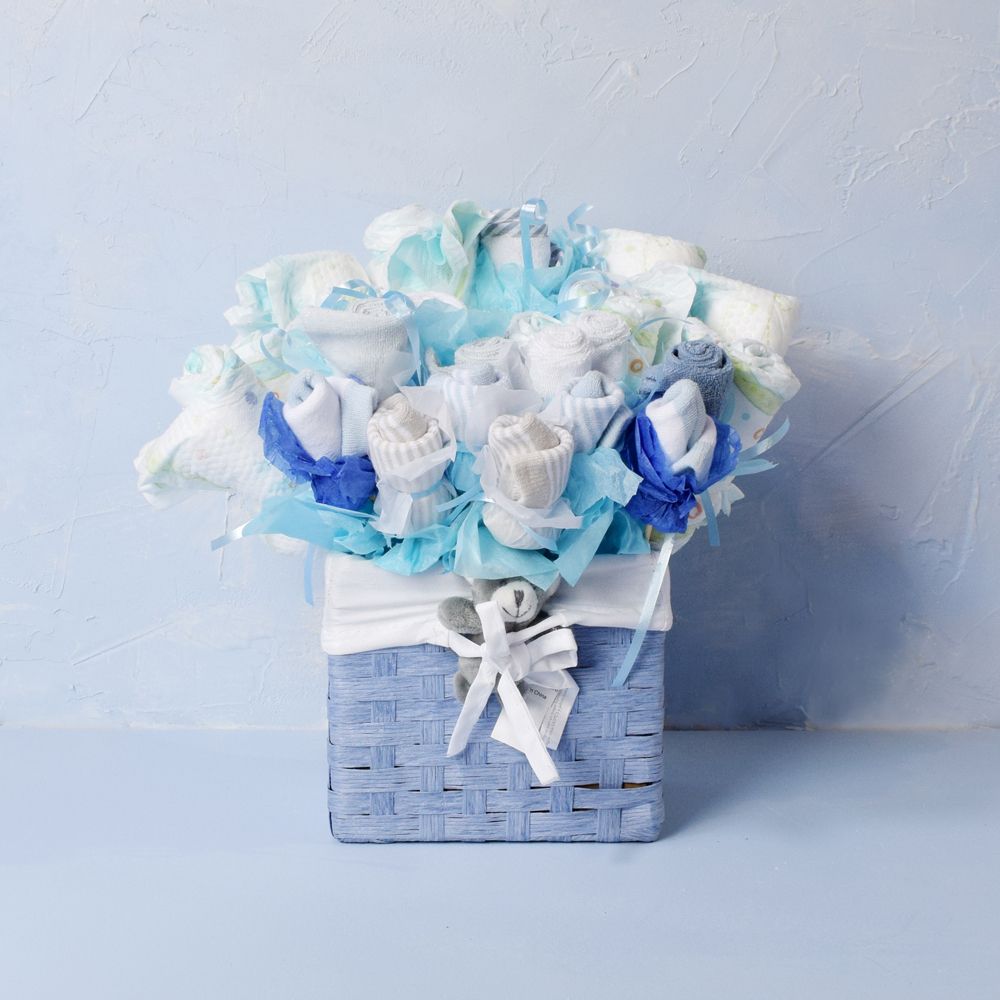 Newborn Baby Boy Diaper Bouquet Gift Basket – how the gift is presented