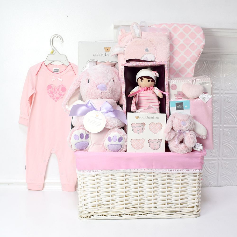 Pink Bunny Baby Basket, baby gift baskets, baby boy, baby gift, new parent, baby, champagne
