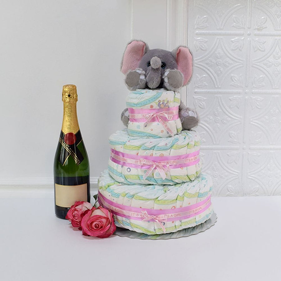 Diaper Cake Baby Girl Champagne Gift Basket