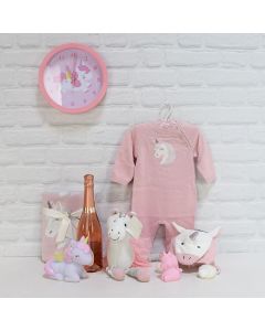 CUTE UNICORN BABY GIFT SET WITH CHAMPAGNE, baby girl gift basket, welcome home baby gifts, new parent gifts
